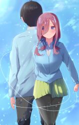Rule 34 | 1boy, 1girl, absurdres, arm at side, arm behind back, back-to-back, black hair, black pantyhose, blue background, blue cardigan, blue eyes, blush, breasts, brown hair, cardigan, closed mouth, commentary request, couple, enpera, falling petals, feet out of frame, go-toubun no hanayome, green skirt, hair over one eye, headphones, headphones around neck, heart, heart of string, hetero, highres, holding, holding string, kisaragi yotsuba, large breasts, long hair, long sleeves, looking to the side, miniskirt, nakano miku, pantyhose, petals, pleated skirt, scarf, school uniform, short hair, simple background, skirt, split mouth, standing, string, string of fate, uesugi fuutarou