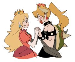 Rule 34 | 2girls, :d, absurdres, bad id, bad twitter id, blonde hair, blue eyes, bowsette, dress, eye contact, fang, high ponytail, highres, holding hands, kendy (revolocities), lipstick, looking at another, makeup, mario (series), multiple girls, new super mario bros. u deluxe, nintendo, open mouth, ponytail, princess peach, shell, simple background, smile, super crown, teeth, white background, yuri