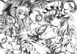 Rule 34 | 2girls, :d, ahoge, bad id, bad pixiv id, book, bookshelf, crescent, crescent hair ornament, demon wings, double bun, graphite (medium), greyscale, hair ornament, hair ribbon, hand on headwear, hat, head wings, koakuma, lakestep55, leaning forward, library, long hair, long sleeves, looking at viewer, miniskirt, mob cap, monochrome, multiple girls, necktie, open mouth, parted lips, patchouli knowledge, ribbon, robe, sidelocks, skirt, smile, touhou, traditional media, tress ribbon, very long hair, wings