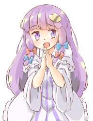 Rule 34 | 1girl, arnest, blue bow, blush, bow, crescent, crescent hair ornament, dress, hair bow, hair ornament, hands up, long hair, looking at viewer, no headwear, open mouth, own hands together, palms together, patchouli knowledge, purple eyes, purple hair, red bow, simple background, solo, striped clothes, striped dress, touhou, upper body, white background, white dress, wide sleeves