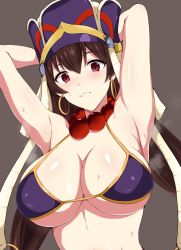 Rule 34 | 1girl, armpits, arms behind head, arms up, bare shoulders, bead necklace, beads, bikini, blush, breasts, bridal gauntlets, brown hair, cleavage, earrings, fate/grand order, fate (series), hair between eyes, hat, highres, hoop earrings, jewelry, large breasts, long hair, looking at viewer, mokichi (nvzy3n), necklace, prayer beads, purple bikini, purple eyes, solo, sweat, swimsuit, xuangzang sanzang (fate)