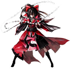 Rule 34 | 1girl, adapted costume, alternate costume, banpai akira, belt, black dress, boots, bow, brown hair, chain, detached sleeves, dress, faux traditional media, female focus, full body, game cg, gohei, hair between eyes, hair bow, hakurei reimu, koumajou densetsu, koumajou densetsu 1, long coat, long hair, looking at viewer, non-web source, outstretched hand, ponytail, red eyes, solo, touhou, wide sleeves, yin yang