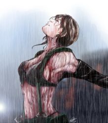 Rule 34 | 1girl, blood, breasts, brown hair, closed eyes, front-tie top, highres, large breasts, looking up, metal gear (series), metal gear solid v: the phantom pain, mosoru, open mouth, outstretched arms, pouch, quiet (metal gear), rain, sideboob, signature, solo, upper body, wet