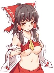 Rule 34 | 1girl, ascot, bare shoulders, black hair, blush, bow, breasts, brown eyes, collarbone, commentary request, cowboy shot, detached sleeves, frilled bow, frilled shirt collar, frills, groin, hair bow, hair tubes, hakurei reimu, half updo, lifted by self, long hair, long sleeves, looking at viewer, medium breasts, miyo (ranthath), navel, nipples, parted lips, red bow, red skirt, ribbon-trimmed sleeves, ribbon trim, sidelocks, simple background, skirt, skirt set, solo, stomach, sweat, touhou, white background, wide sleeves, yellow ascot