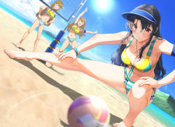 Rule 34 | 3girls, ahoge, armband, ball, bare legs, barefoot, beach, bikini, black hair, blue sky, blurry, bracelet, braid, breasts, brown hair, cleavage, closed eyes, closed mouth, depth of field, dutch angle, fed (giba), full body, hair intakes, hair over eyes, idolmaster, idolmaster million live!, idolmaster million live! theater days, jewelry, kousaka umi, large breasts, lens flare, long hair, looking at viewer, mountain, multiple girls, navel, ocean, outdoors, red eyes, sand, shore, sky, smile, sports bikini, squatting, stretching, striped bikini, striped clothes, sweat, swimsuit, takayama sayoko, tokoro megumi, twin braids, visor cap, volleyball, volleyball (object), water