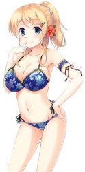 Rule 34 | 1girl, absurdres, arm strap, ayase eli, bikini, black ribbon, blonde hair, blue bikini, blue eyes, blush, breasts, cleavage, collarbone, finger to mouth, floral print, flower, groin, hair flower, hair ornament, hairclip, hand on own hip, hibiscus, high ponytail, highres, index finger raised, ishigami kazui, large breasts, long hair, looking at viewer, love live!, love live! school idol festival, love live! school idol project, multi-strapped bikini, navel, print bikini, red flower, ribbon, sideboob, sidelocks, simple background, smile, solo, standing, swimsuit, white background