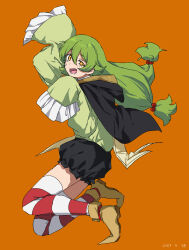 Rule 34 | 1girl, absurdres, arm up, black cape, black shorts, cape, green hair, hand up, highres, hood, hood down, hooded cape, kfufu (shy), long hair, long sleeves, low twintails, lower teeth only, orange background, puffy shorts, red thighhighs, shoes, shorts, shy (series), simple background, sleeves past fingers, sleeves past wrists, solo, striped clothes, striped thighhighs, takatisakana, teeth, thighhighs, tongue, twintails, white thighhighs, wide sleeves