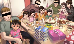 Rule 34 | 4boys, 5girls, a-801, age difference, birthday, birthday cake, brown hair, cake, censored, closed mouth, clothes writing, food, full body, hair bobbles, hair ornament, highres, identity censor, indoors, kneeling, long hair, long sleeves, looking at viewer, multiple boys, multiple girls, open mouth, original, short hair, skirt, smile, table, twintails, v