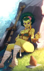 Rule 34 | 1girl, against rock, animal, armlet, armor, bardiche (weapon), big hair, bikini, bikini armor, braid, breasts, colored skin, commentary, earrings, english commentary, fantasy, female orc, flower, front-tie bikini top, front-tie top, full body, grass, green hair, green skin, hair flower, hair ornament, hairband, hand on own chest, hibiscus, highres, huge weapon, jewelry, knees, large breasts, leg wrap, lips, medium hair, multiple rings, nature, orc, orcbarbies, original, planted, pointy ears, polearm, rabbit, red eyes, ring, single vambrace, sitting, soaking feet, solo, swimsuit, toes, tusks, underboob, undercut, vambraces, water, weapon, wide hips, yellow hairband
