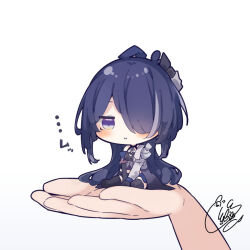 Rule 34 | 1girl, 1other, :i, acheron (honkai: star rail), asymmetrical gloves, beni shake, between legs, black footwear, black gloves, black shorts, blue hair, blush, boots, breasts, chibi, closed mouth, commentary request, elbow gloves, gloves, hair over one eye, hand between legs, hand up, honkai: star rail, honkai (series), in palm, long hair, medium breasts, out of frame, pout, purple eyes, shorts, signature, simple background, single elbow glove, sitting, solo focus, thigh boots, translation request, very long hair, white background