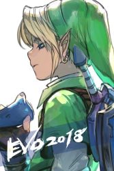 Rule 34 | 1boy, 2018, blonde hair, blue eyes, earrings, facing away, fingerless gloves, gloves, green hat, half-closed eyes, hat, hungry clicker, hylian shield, jewelry, link, male focus, master sword, nintendo, pointy ears, shield, shield on back, short sleeves, simple background, solo, sword, the legend of zelda, the legend of zelda: ocarina of time, upper body, weapon, white background