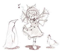 Rule 34 | 1girl, animal ears, bird, chicken, dress, closed eyes, fang, female focus, greyscale, hat, monochrome, music, musical note, mystia lorelei, open mouth, penguin, quaver, short hair, singing, solo, touhou, wide sleeves, wings