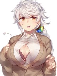Rule 34 | 10s, 1girl, alternate costume, asymmetrical hair, bad id, bad twitter id, black bra, blouse, bra, braid, breasts, bursting breasts, buttons, cardigan, commentary request, hair between eyes, hair ornament, huge breasts, jitome, kantai collection, long hair, looking at viewer, open mouth, orb, pokoten (pokoten718), popped button, see-through, shiny skin, shirt, single braid, solo, undersized clothes, underwear, unryuu (kancolle), very long hair, wavy mouth, white hair, white shirt, yellow eyes