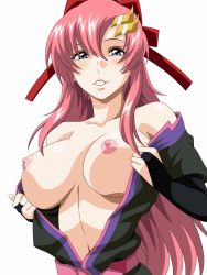 Rule 34 | 1girl, black gloves, blue eyes, blush, bow, breasts, breasts out, bridal gauntlets, collarbone, elbow gloves, eyebrows, eyebrows hidden by hair, female focus, gloves, gundam, gundam seed, gundam seed destiny, hair bow, hair ornament, highres, kh-fullhouse, lacus clyne, large breasts, light blush, linea alba, long hair, looking at viewer, nipples, off shoulder, open clothes, parted lips, pink hair, red bow, shiny skin, simple background, smile, solo, upper body, white background
