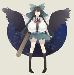 Rule 34 | 1girl, absurdres, arm cannon, bird wings, black hair, black socks, black wings, bow, breasts, cape, closed mouth, frown, full body, gigantic breasts, green bow, green skirt, hair bow, highres, long hair, looking at viewer, muneneko, puffy short sleeves, puffy sleeves, red eyes, reiuji utsuho, shirt, short sleeves, skirt, socks, solo, third eye, touhou, weapon, white shirt, wings