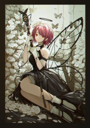 Rule 34 | 1girl, :&lt;, absurdres, alternate costume, angel, arknights, bare shoulders, black border, black butterfly, black dress, black footwear, black halo, blackcat enjia, bob cut, border, bridal garter, bug, butterfly, closed mouth, dark halo, dress, empty picture frame, exusiai (arknights), flower, gloves, hair over one eye, hairband, halo, hands up, highres, holding, holding staff, insect, insect wings, jewelry, looking at viewer, necklace, off-shoulder dress, off shoulder, orange hair, petals, picture frame, red hair, rose, rose petals, shoes, short hair, sitting, socks, split mouth, staff, swept bangs, thorns, white flower, white gloves, white hairband, white rose, white socks, wings, yokozuwari