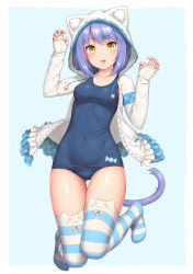 Rule 34 | 1girl, animal ear legwear, animal ears, animal hood, blue background, blue one-piece swimsuit, breasts, cat ear legwear, cat ears, cat hood, cat tail, claw pose, collarbone, drawstring, full body, gluteal fold, highres, hood, hood up, hooded jacket, jacket, long sleeves, looking at viewer, medium breasts, medium hair, no shoes, one-piece swimsuit, open mouth, original, purple hair, sasaame, simple background, solo, striped clothes, striped thighhighs, swimsuit, tail, thigh gap, thighhighs, yellow eyes