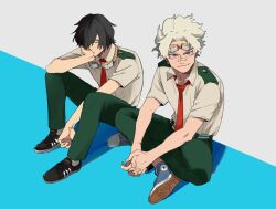 Rule 34 | 2boys, bags under eyes, bandaid, bandaid on face, bandaid on nose, black eyes, black footwear, black hair, blue eyes, blue footwear, boku no hero academia, closed mouth, eraser head (boku no hero academia), fingernails, goggles, goggles around neck, green pants, hair over one eye, indian style, knees up, looking at viewer, loud cloud, male focus, multiple boys, necktie, pants, red necktie, rnuyvm, school uniform, shirt, shoes, short hair, sitting, sneakers, u.a. school uniform, white shirt