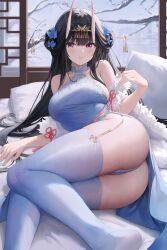 Rule 34 | 1girl, absurdres, ass, azur lane, black hair, blue dress, blue flower, blue thighhighs, blush, breasts, china dress, chinese clothes, closed mouth, dress, flower, fur shawl, hair flower, hair ornament, hairpin, halter dress, halterneck, highres, horns, indoors, kiek qaq, long hair, looking at viewer, lying, medium breasts, noshiro (azur lane), noshiro (fragrance of the eastern snow) (azur lane), official alternate costume, on bed, on side, oni horns, pillow, purple eyes, shawl, sleeveless, sleeveless dress, snow, snow on tree, solo, thighhighs, tree