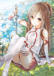 Rule 34 | 10s, 1girl, asuna (sao), bare shoulders, blush, brown eyes, brown hair, detached sleeves, holding, la-na, legs up, long hair, panties, pantyshot, resized, revision, scabbard, sheath, skirt, smile, solo, sword, sword art online, thighhighs, underwear, weapon, white thighhighs