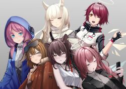 Rule 34 | 6+girls, ;d, ahoge, animal ear fluff, animal ears, arknights, black gloves, black jacket, black ribbon, blue eyes, blue jacket, blue poison (arknights), breasts, brown eyes, brown hair, brown jacket, cellphone, character request, closed mouth, collarbone, collared shirt, commentary request, dress shirt, exusiai (arknights), fingerless gloves, gloves, goggles, goggles on head, grey background, grey eyes, grey shirt, hair over shoulder, half-closed eye, halo, hand up, head wings, holding, holding phone, hood, hood up, hooded jacket, horse ears, jacket, kureneko, long hair, low twintails, lunacub (arknights), multiple girls, nail polish, neck ribbon, one eye closed, one side up, open mouth, orange eyes, parted lips, phone, pink hair, pink nails, platinum (arknights), red hair, ribbon, shirt, simple background, small breasts, smile, tank top, twintails, wavy mouth, white hair, white jacket, white shirt, white tank top, wings