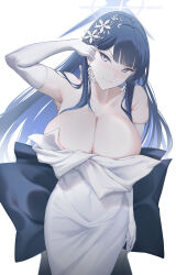 Rule 34 | 1girl, absurdres, arturaxia, bare shoulders, black hair, blue archive, blue eyes, breasts, cleavage, collarbone, dress, earrings, elbow gloves, gloves, halo, highres, jewelry, large breasts, long hair, looking at viewer, official alternate costume, saori (blue archive), saori (dress) (blue archive), solo, white dress, white gloves