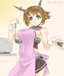 Rule 34 | 10s, 1girl, ajino (sakanahen), apron, bare shoulders, bowl, breasts, brown hair, brown skirt, carrying, cooking, curry, food, gloves, gradient background, green eyes, headgear, hiraki ajino, kantai collection, ladle, looking at viewer, mutsu (kancolle), personification, pleated skirt, pot, short hair, sideboob, skirt, sleeveless, smile, solo, stove, text focus, twitter username, white gloves