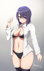 Rule 34 | 10s, 1girl, arm at side, black bra, black panties, black thighhighs, blouse, bra, breasts, cleavage, dress shirt, eyepatch, hayabusa, kantai collection, large breasts, looking at viewer, midriff, navel, no pants, open clothes, open shirt, panties, purple hair, shirt, short hair, solo, stomach, tenryuu (kancolle), thighhighs, underwear, white shirt, yellow eyes
