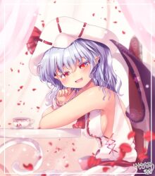 Rule 34 | 1girl, bat wings, blue hair, breasts, chair, dress, fang, hat, highres, kemo chiharu, looking at viewer, medium hair, mob cap, pointy ears, red eyes, remilia scarlet, sideboob, sitting, sleeveless, small breasts, smile, solo, touhou, white dress, white hat, wings