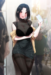 Rule 34 | 1girl, :d, afterimage, against wall, akchu, black bra, black hair, black nails, black shirt, black skirt, blush, bra, breasts, cellphone, cleavage, collarbone, feet out of frame, high-waist skirt, highres, hina (akchu), holding, holding phone, jacket, lace, lace-trimmed bra, lace trim, large breasts, long sleeves, looking at viewer, nail polish, open clothes, open jacket, open mouth, original, pantyhose, people, phone, red eyes, see-through, shirt, short hair, short sleeves, skirt, smartphone, smile, solo focus, speech bubble, standing, teeth, textless version, thighband pantyhose, thought bubble, underwear, upper teeth only, waving, yellow jacket