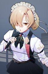 Rule 34 | 1girl, anchor symbol, armband, ascot, azur lane, belt, black vest, blonde hair, blue background, blurry, braid, brooch, buttons, checkered clothes, checkered vest, commentary request, cross, depth of field, double-breasted, eyes visible through hair, fingerless gloves, french braid, gloves, hair over one eye, hair ribbon, highres, holding, holding microphone, jewelry, juliet sleeves, long sleeves, looking at viewer, maid headdress, microphone, microphone cord, miniskirt, open mouth, orange eyes, pleated skirt, puffy sleeves, ribbon, sheffield (azur lane), sheffield (muse) (azur lane), skirt, solo, suzu (tonami0726), tsurime, vest, white gloves, white ribbon