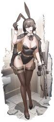 Rule 34 | 1girl, absurdres, ammunition pouch, animal ears, belt, black gloves, black thighhighs, blue eyes, breasts, brown hair, cheogtanbyeong, cleavage, detached collar, drum magazine, fake animal ears, full body, glock, gloves, gun, handgun, headphones, headset, high heels, highres, holster, jacket, jacket on shoulders, large breasts, leotard, magazine (weapon), original, playboy bunny, pouch, rifle, scope, short hair, sig mcx, simple background, smile, solo, tactical playboy bunny, thigh holster, thigh pouch, thighhighs, weapon, white background, wrist cuffs