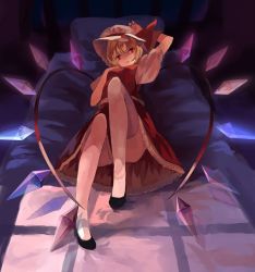 Rule 34 | 1girl, bed, blonde hair, embodiment of scarlet devil, female focus, flandre scarlet, full body, hat, heart, heart wings, high heels, looking at viewer, lying, on back, ponytail, pumps, red eyes, short hair, side ponytail, solo, thighhighs, touhou, white thighhighs, wings, yasumo (kuusouorbital)