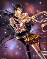 1990s_(style) 2girls bishoujo_senshi_sailor_moon bishoujo_senshi_sailor_moon_sailor_stars black_hair blonde_hair hug kou_seiya long_hair multiple_girls sailor_moon tagme tsukino_usagi yuri