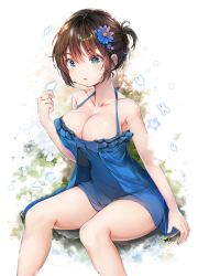 Rule 34 | 1girl, absurdres, bare arms, bare shoulders, blue dress, blue flower, blush, breasts, brown hair, bug, butterfly, butterfly on hand, cleavage, dress, feet out of frame, flower, frilled dress, frills, green eyes, hair flower, hair ornament, halter dress, halterneck, hand up, highres, hiromaster sinta jh, insect, large breasts, one side up, original, parted lips, short hair, sitting, solo
