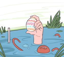 Rule 34 | 1girl, air bubble, bubble, commentary, easter egg, egg, eyeball, food, holding, holding egg, holding food, komeiji satori, lily pad, mefomefo, outdoors, snorkel, solo, submerged, third eye, touhou, water