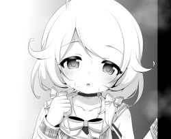 Rule 34 | 1girl, :o, blush, bow, bowtie, checkered clothes, choker, clenched hand, collarbone, commentary, dot nose, dress, greyscale, hair flaps, hair ribbon, half-closed eyes, hand up, highres, hosizora mikoto, idolmaster, idolmaster cinderella girls, idolmaster cinderella girls u149, looking at viewer, low twintails, medium hair, monochrome, ribbon, solo, steam, sweat, twintails, upper body, wrist cuffs, yusa kozue