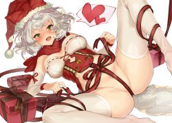 Rule 34 | 1girl, :d, absurdres, animal ears, between legs, blush, bound, bow, box, breasts, christmas, cleavage, croriin, detached sleeves, fang, gift, gift box, green eyes, hat, heart, highres, lace, lace trim, looking at viewer, lying, on back, open mouth, original, revealing clothes, ribbon, ribbon bondage, santa hat, scarf, silver hair, skin fang, skindentation, smile, solo, spoken heart, spread legs, thighhighs