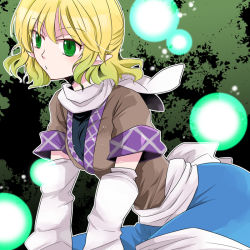Rule 34 | 1girl, arm warmers, black shirt, blonde hair, breasts, brown jacket, commentary request, cowboy shot, green eyes, half updo, jacket, looking to the side, mizuhashi parsee, multicolored clothes, multicolored jacket, pointy ears, pokka, sash, scarf, shirt, short hair, short sleeves, small breasts, solo, touhou, white sash, white scarf