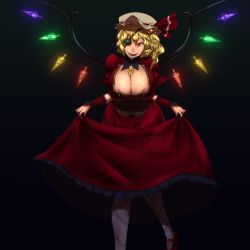 Rule 34 | 1girl, alternate breast size, alternate costume, birthmark, black background, blonde hair, breasts, cleavage, cleavage cutout, clothing cutout, crystal, curtsey, dress, eyepatch, fangs, flandre scarlet, hair bobbles, hair ornament, huge breasts, aged up, pantyhose, puffy sleeves, red eyes, sekiyu (spartan), short hair, side ponytail, smile, solo, star (symbol), touhou, wings