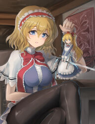 Rule 34 | 1girl, alice margatroid, apron, black pantyhose, blonde hair, blue dress, blue eyes, bow, bowtie, breasts, capelet, closed mouth, commentary request, crossed legs, doll, dress, frilled bow, frilled hairband, frills, hair bow, hairband, highres, holding, holding sword, holding weapon, indoors, jewelry, large breasts, long hair, maid apron, namiki (remiter00), paid reward available, pantyhose, parted lips, puppet strings, red bow, red bowtie, ring, shanghai doll, short hair, sitting, sword, table, touhou, weapon