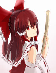 Rule 34 | 1girl, absurdres, bow, broom, closed mouth, commentary, detached sleeves, frilled bow, frilled hair tubes, frills, hair bow, hair tubes, hakurei reimu, highres, holding, holding broom, light smile, long hair, looking at viewer, niangao (8490593), red bow, red eyes, red hair, ribbon-trimmed sleeves, ribbon trim, solo, touhou