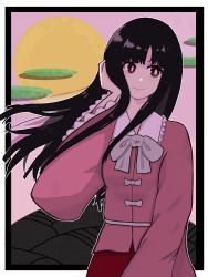 Rule 34 | 1girl, absurdres, belt, black border, black hair, blouse, border, bow, bowtie, breasts, brown eyes, closed mouth, collar, collared shirt, hand up, highres, houraisan kaguya, long hair, long sleeves, looking to the side, medium breasts, moon, mountain, pink shirt, pink sky, red skirt, shirt, skirt, sky, smile, solo, souichi0605, touhou, white belt, white bow, white bowtie, wide sleeves