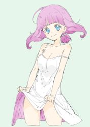 Rule 34 | &gt;:), 1girl, absurdres, bad id, bad twitter id, bare shoulders, blue background, blue eyes, blunt bangs, blush, breasts, cleavage, closed mouth, clothes lift, cowboy shot, cropped legs, donguri suzume, dress, dress lift, highres, looking at viewer, medium breasts, off shoulder, pink hair, short hair, simple background, smile, solo, standing, v-shaped eyebrows, white dress