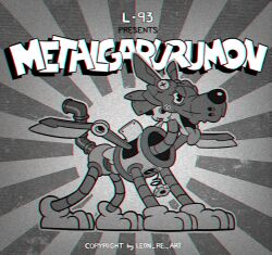 Rule 34 | 1930s (style), artist name, cartoonized, character name, digimon, digimon (creature), from side, highres, leon re art, metalgarurumon, no humans, non-humanoid robot, robot, robot animal, standing, tail, tongue, tongue out, toon (style)