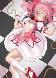 Rule 34 | 10s, 1girl, ankle cuffs, bdsm, bondage, bound, bubble skirt, chain, chained, checkered floor, choker, cuffs, empty eyes, floor, footwear ribbon, gloves, gochou (kedama), highres, kaname madoka, lying, magical girl, mahou shoujo madoka magica, mahou shoujo madoka magica (anime), on back, on floor, open mouth, pink eyes, pink hair, puffy sleeves, shoes, short twintails, skirt, solo, twintails, unfinished, white gloves