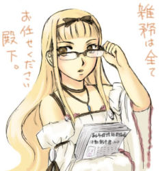 Rule 34 | 1girl, bare shoulders, blonde hair, brown eyes, choker, detached sleeves, dress, female focus, flare (artist), gensou suikoden, gensou suikoden v, glasses, jewelry, long hair, lowres, luserina barows, necklace, simple background, solo, translation request