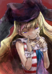 Rule 34 | 1girl, american flag dress, bare shoulders, blonde hair, clownpiece, colored eyelashes, dress, finger in own mouth, forced smile, hat, jester cap, long hair, neck ruff, purple eyes, red background, sleeveless, sleeveless dress, solo, touhou, upper body, v-shaped eyebrows, very long hair, wavy hair, wrist cuffs, yohane