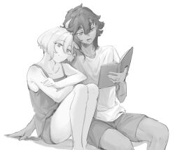 Rule 34 | 2girls, ahoge, arm support, bare legs, book, camisole, closed mouth, greyscale, gundam, gundam suisei no majo, head on another&#039;s shoulder, highres, holding, holding book, joker (jjjokerrr233), long hair, miorine rembran, monochrome, multiple girls, open book, panties, parted lips, reading, shirt, short sleeves, shorts, sitting, smile, suletta mercury, thick eyebrows, underwear, yuri