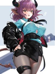 Rule 34 | !, !!, 1girl, animal ears, arknights, belt, black jacket, black necktie, black skirt, blue shirt, blurry, blush, breast pocket, breasts, brown eyes, commentary, cowboy shot, depth of field, grey pantyhose, hand on own hip, highres, horns, jacket, large breasts, long sleeves, looking at viewer, necktie, no bra, off shoulder, open clothes, open jacket, open mouth, pantyhose, pencil skirt, pocket, purple hair, shirt, shirt tucked in, short hair, sideroca (arknights), skirt, solo, spica (spica 1510), standing, tail, thigh strap, thighs